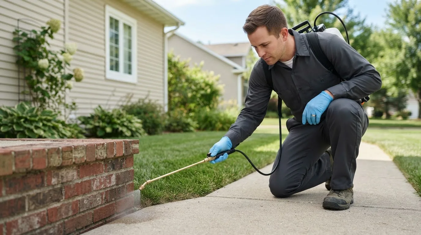 Pest control technician treating a home near Vilonia, AR
