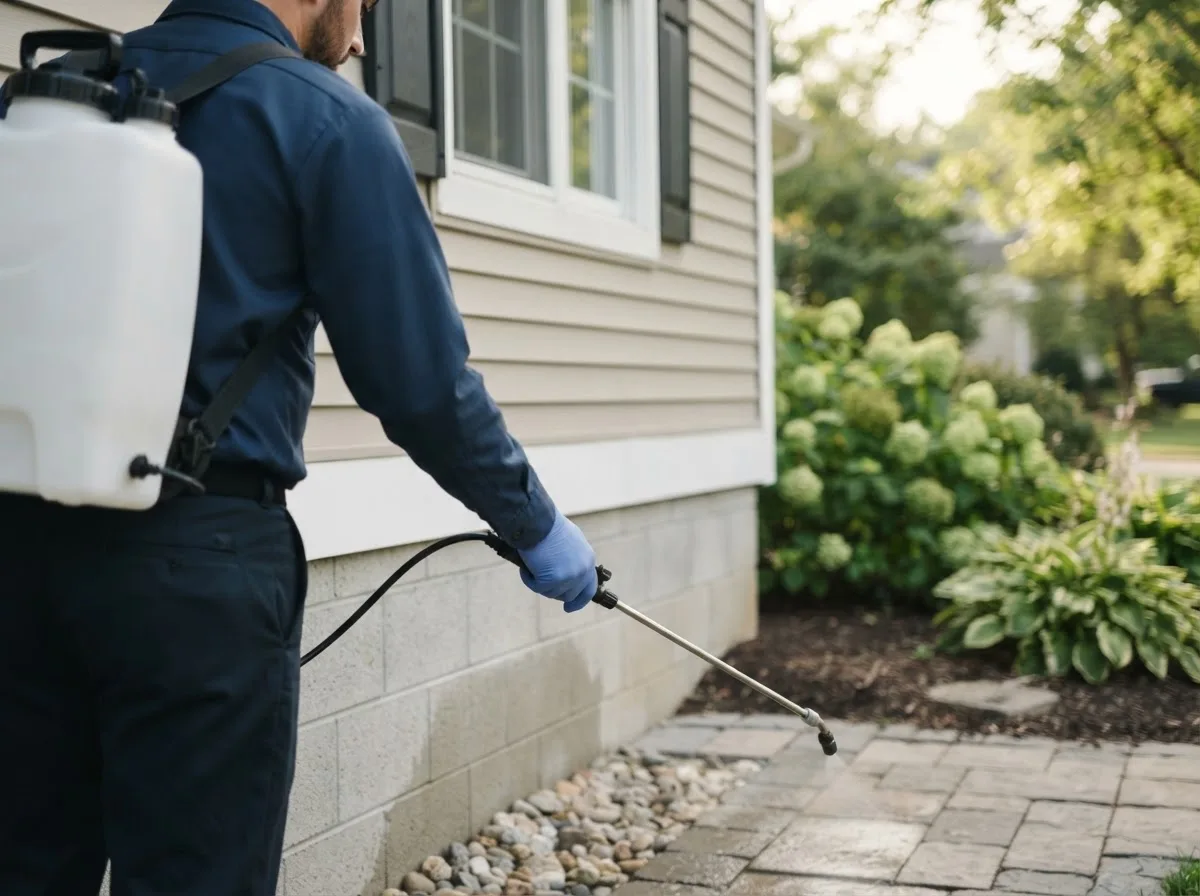 Pest control technician inspecting a home in Vilonia, AR
